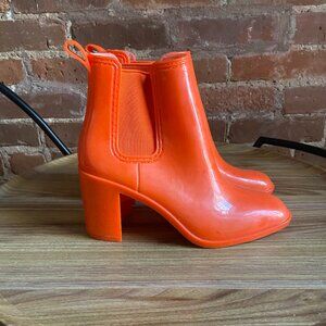Jeffrey Campbell, heeled Chelsea rubber rain boots, orange, size 6 (worn twice)